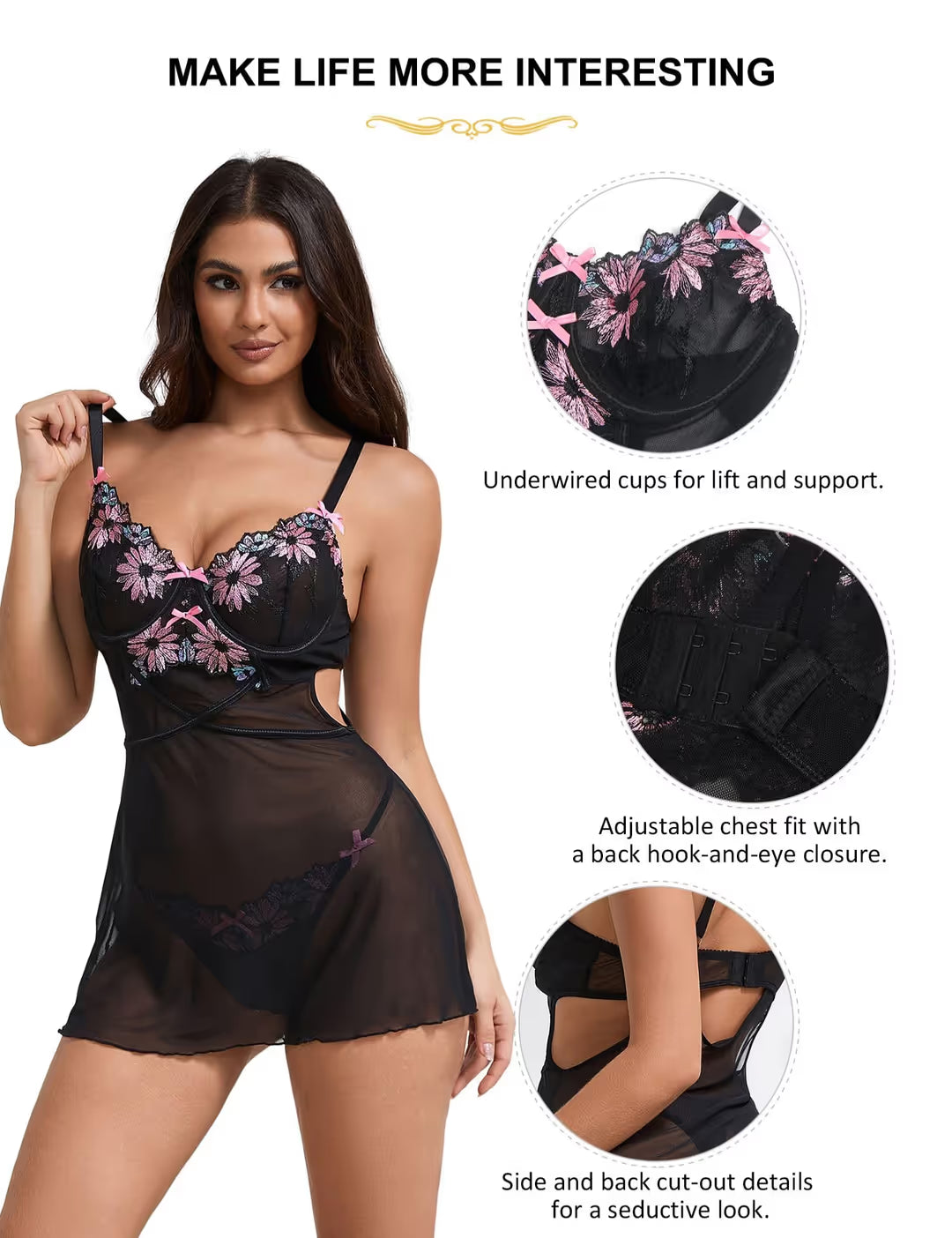 Lingerie Set Plus Size Sheer Mesh Lace Babydoll Chemise Nighties – Black L