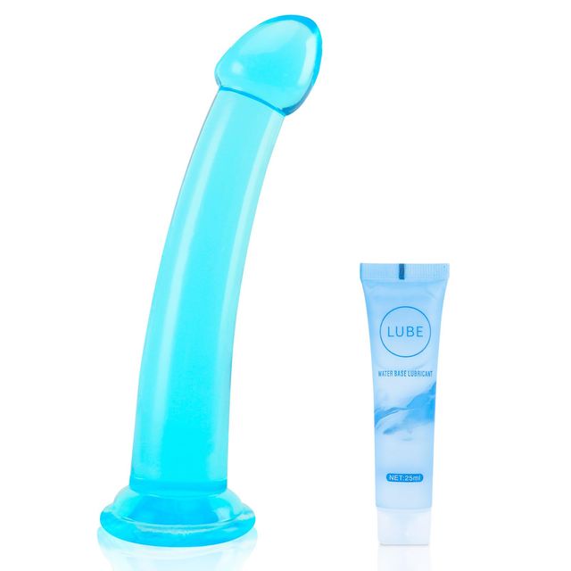  Personal toy for  she or couples Blue translucent curved dildo with suction cup base and lubricant