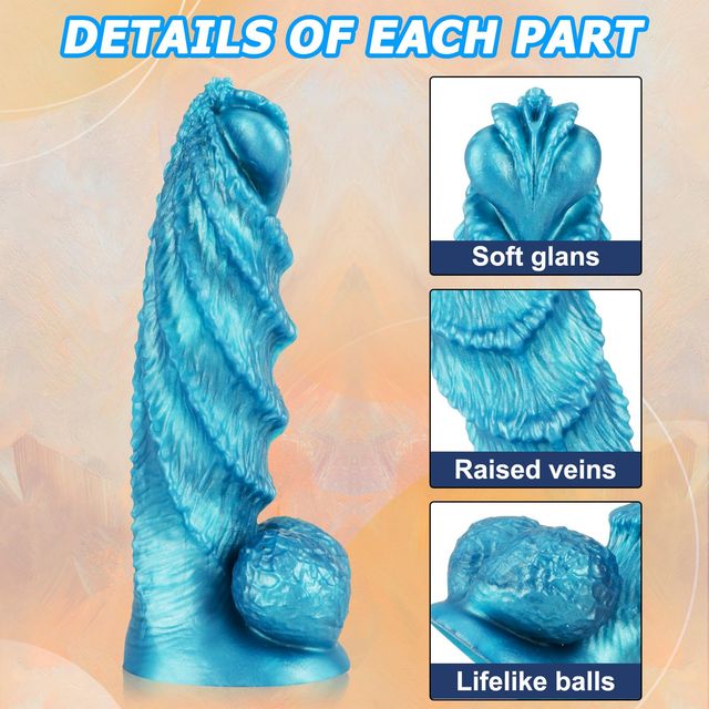 Close-up of textured silicone detail on blue fantasy dildo