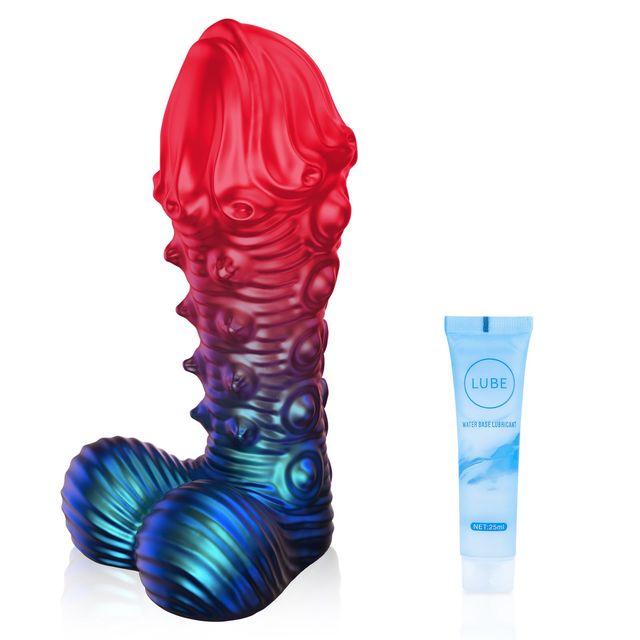Red and blue fantasy alien dildo with suction cup base and lubricant