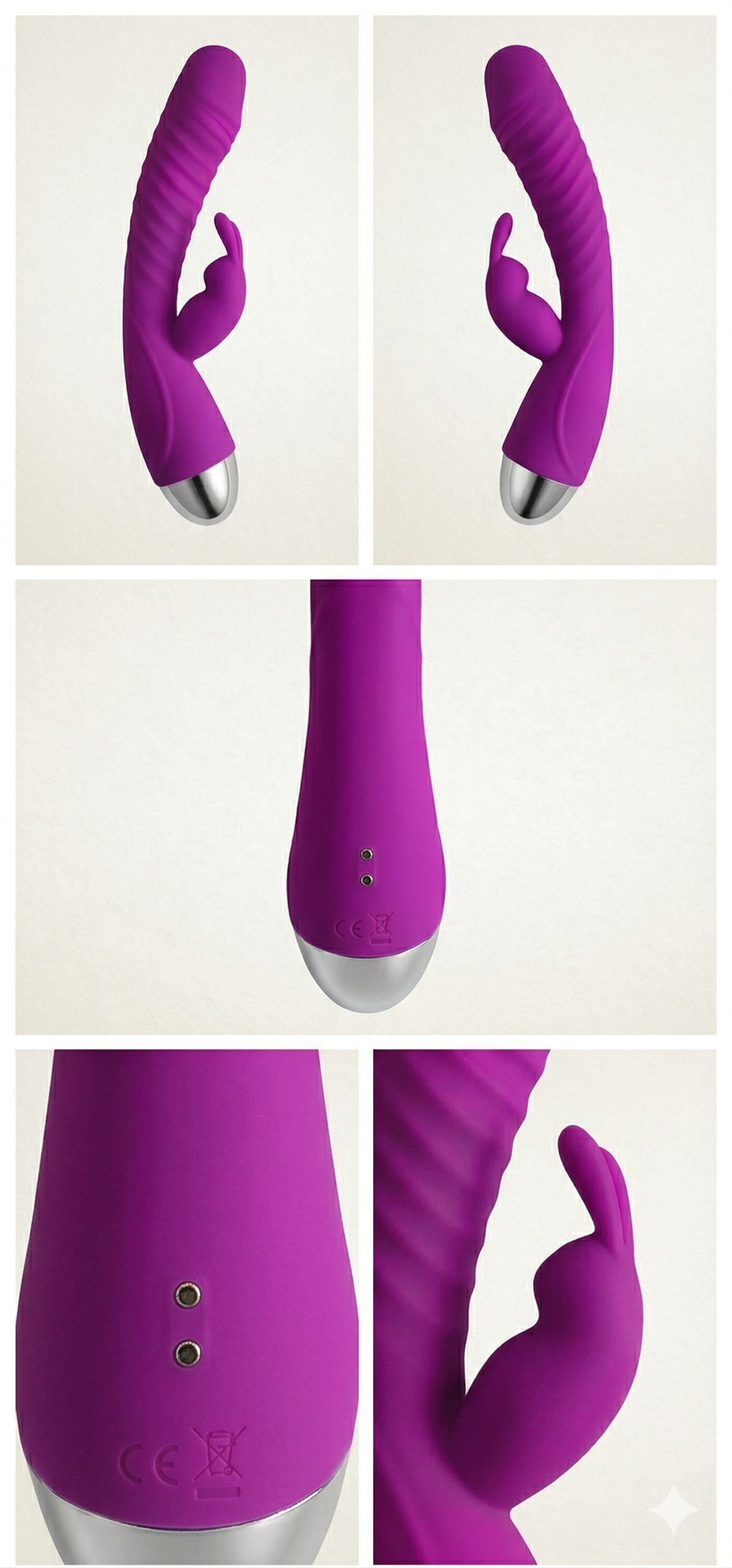 Premium Rabbit Vibrator in purple - dual stimulation design shown from multiple angles with control buttons