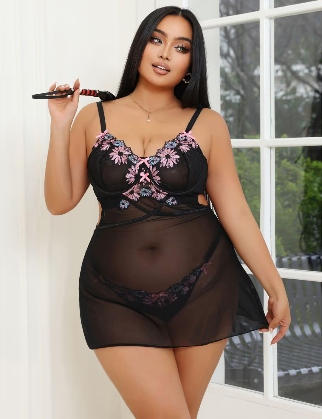 Lingerie Set Plus Size Sheer Mesh Lace Babydoll Chemise Nighties – Black L